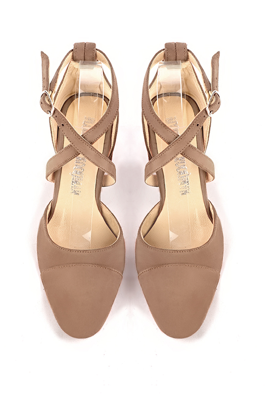 Biscuit beige women's open side shoes, with crossed straps. Round toe. Medium flare heels. Top view - Florence KOOIJMAN